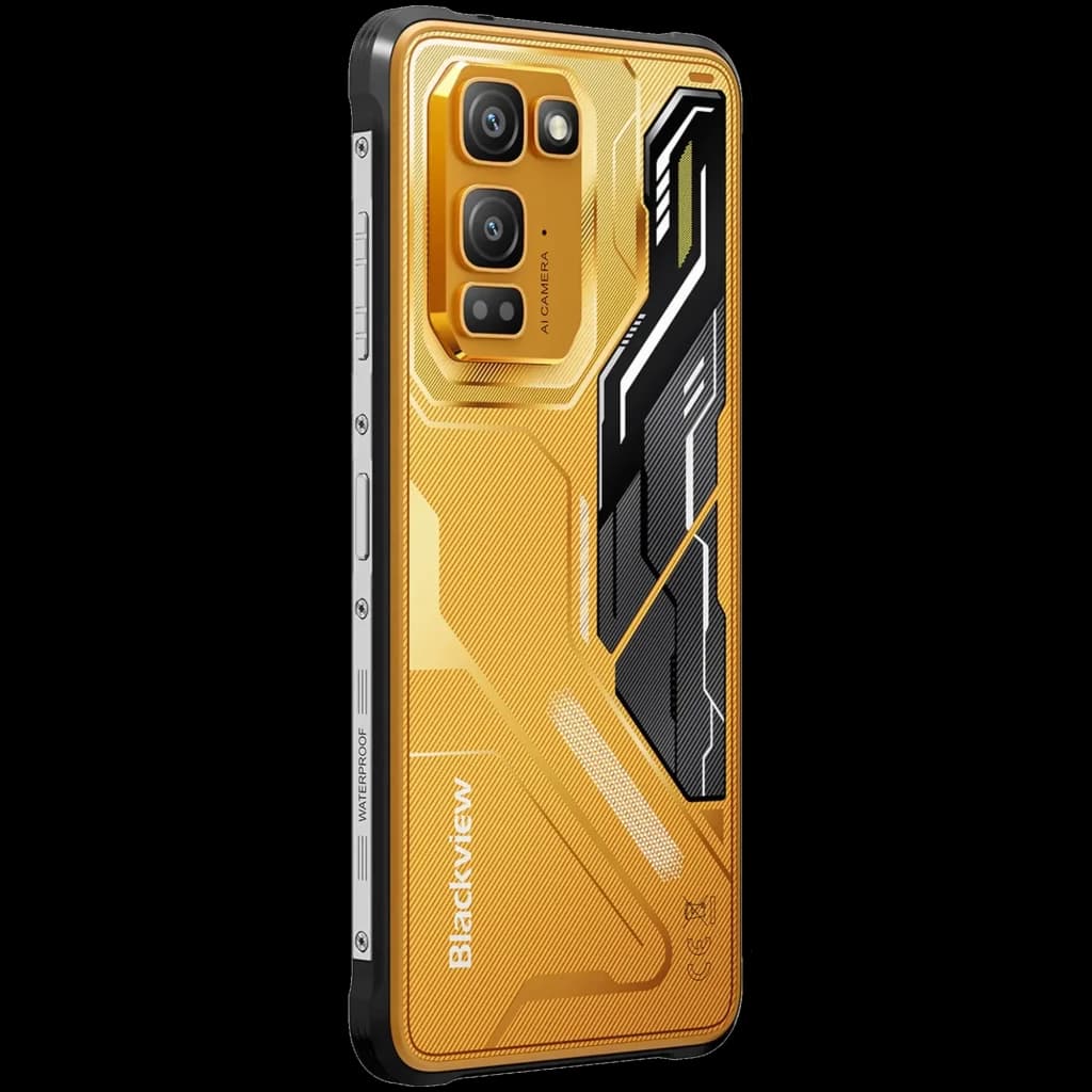 Blackview Fort 5 amarillo con carcasa robusta, laterales metálicos, triple cámara trasera y detalles geométricos negros; diseño resistente y moderno