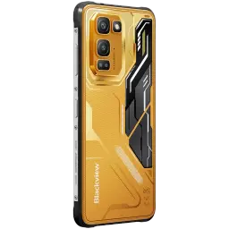 Blackview Fort 5 amarelo com traseira robusta, módulo triplo de câmeras saliente, detalhes geométricos em preto e prata e laterais com botões físicos