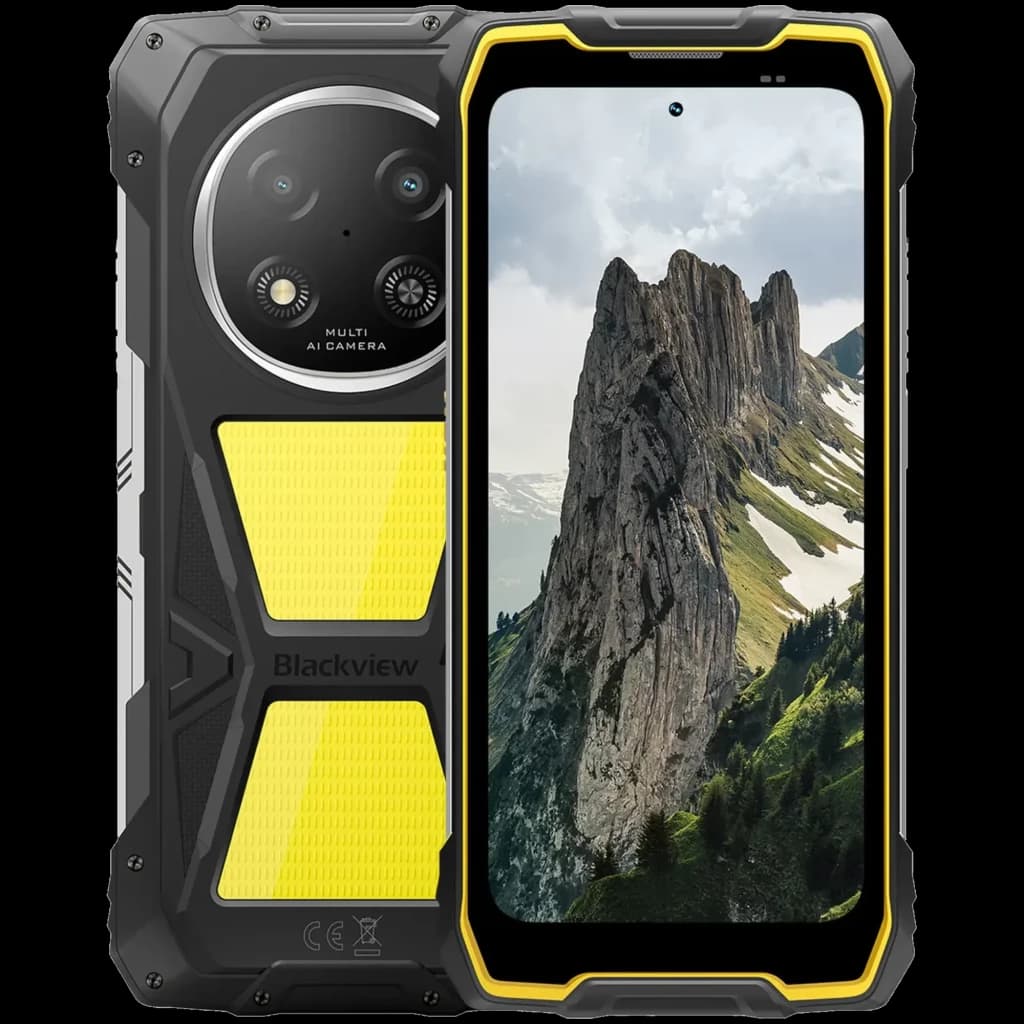 Blackview Rock 2 Pro amarelo, smartphone robusto com moldura reforçada preta, detalhes em amarelo, tela grande frontal e módulo de câmera circular traseiro