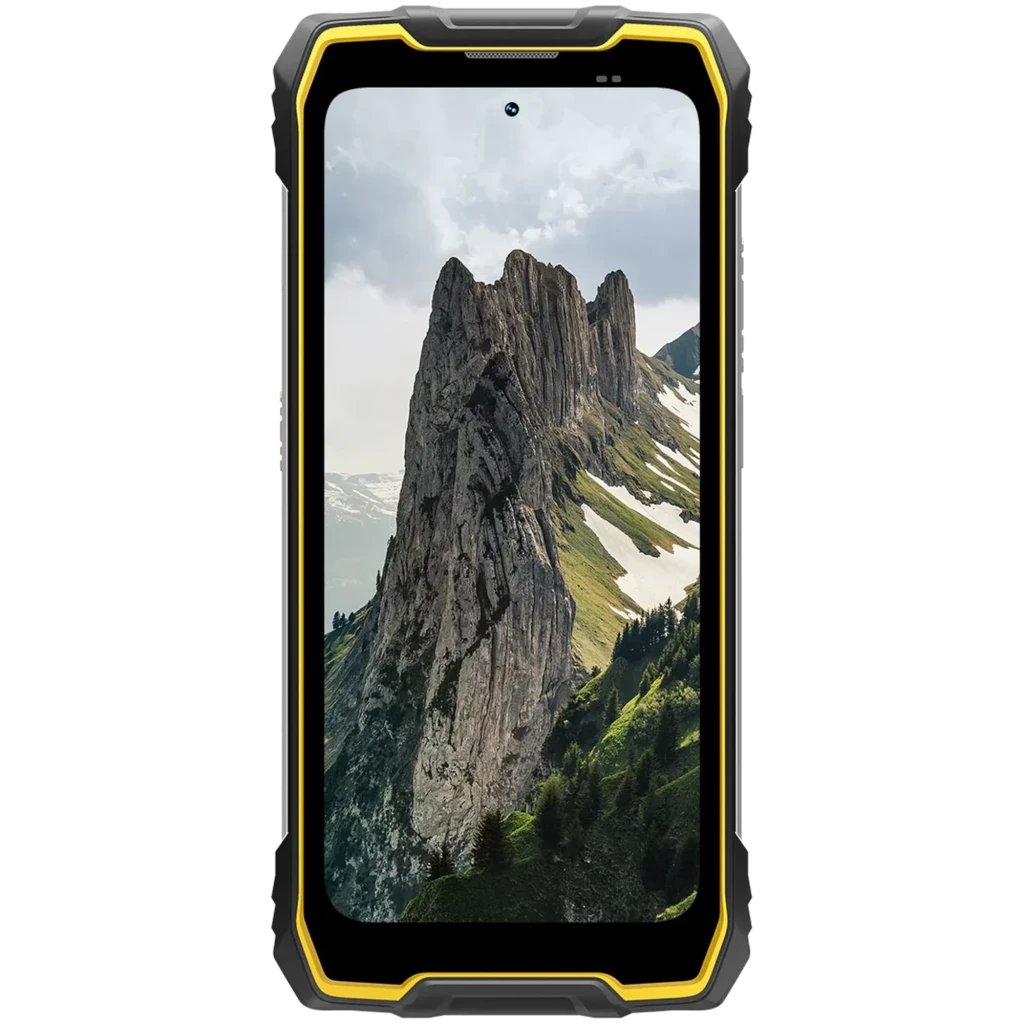 Smartphone Blackview Rock 2 Pro jaune robuste, coque antichoc noire et jaune, double caméra arrière circulaire, écran bord jaune avec encoche centrale - Ítem1