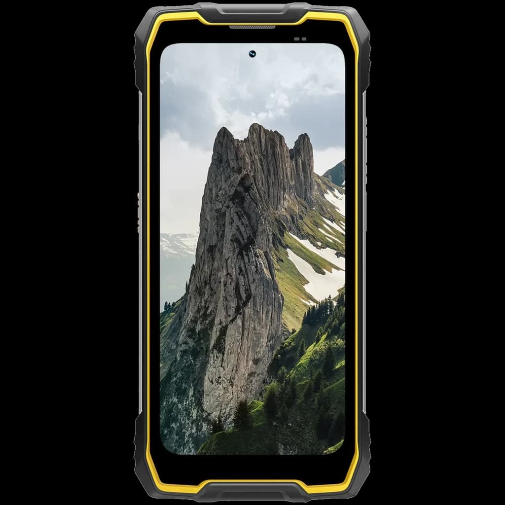 Blackview Rock 2 Pro 256 GB amarelo com bordas reforçadas, tela grande com entalhe central, design robusto para uso outdoor, 8 GB RAM, luz de acampamento