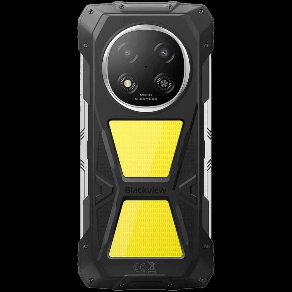 Blackview Rock 2 Pro amarelo com painel luminoso traseiro, corpo robusto preto, bordas reforçadas, módulo de câmera circular dupla e detalhes metálicos