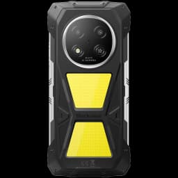 Blackview Rock 2 Pro 256GB amarillo con panel trasero de luz de camping, cuerpo rugged negro con refuerzos, cámara dual circular y 8GB de RAM