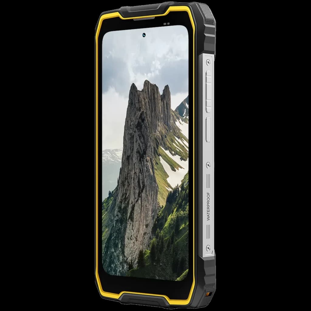 Blackview Rock 2 Pro 256 GB amarelo com bordas reforçadas, corpo robusto cinza e preto, tela grande com furo central e botões laterais resistentes