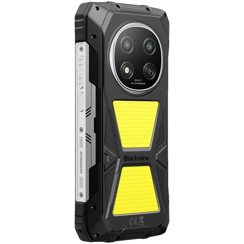 Smartphone Blackview Rock 2 Pro jaune robuste, coque antichoc noire et jaune, double caméra arrière circulaire, écran bord jaune avec encoche centrale - Ítem4