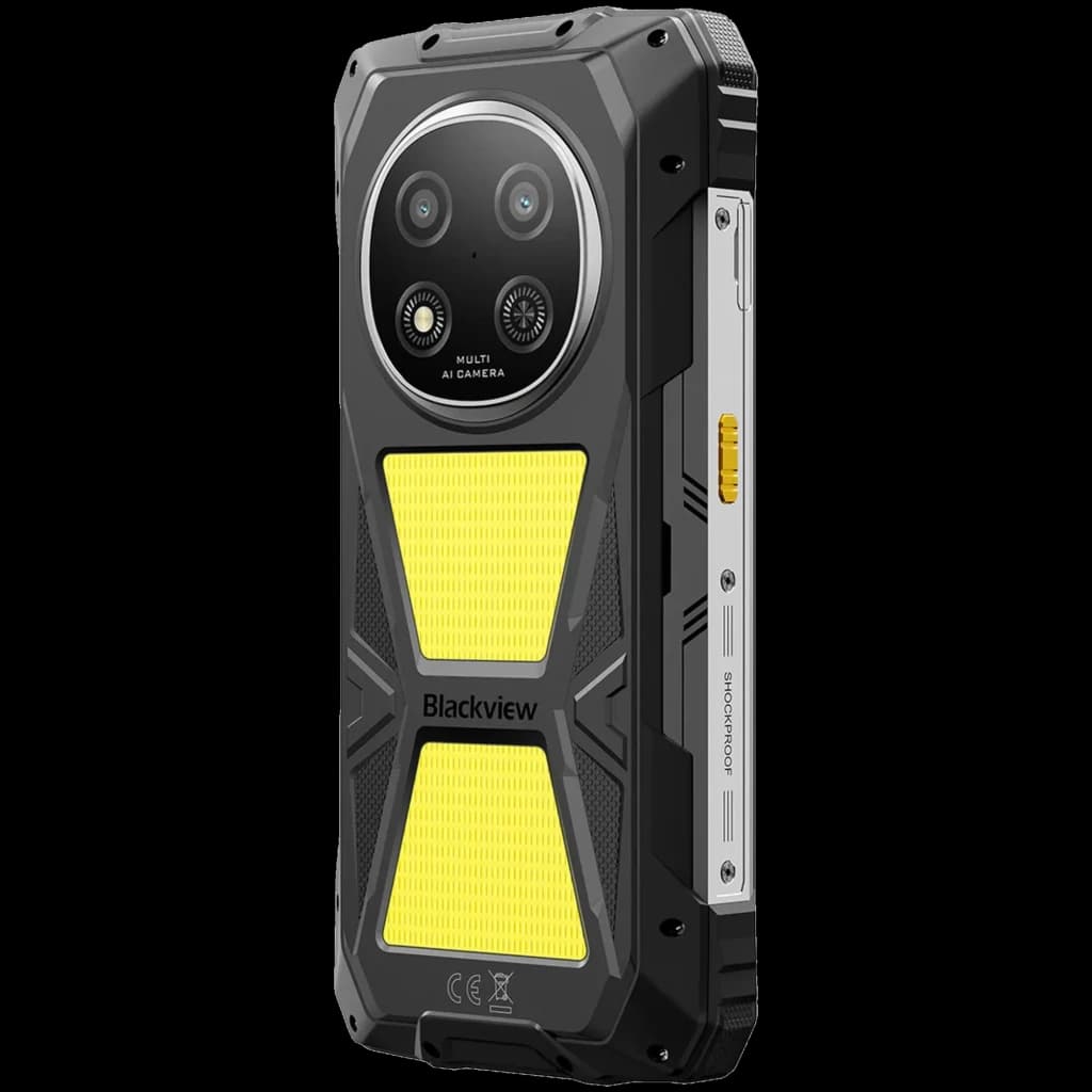 Blackview Rock 2 Pro amarelo com traseira rugged, módulo duplo de câmera circular, luz de acampamento integrada e laterais metálicas com botão texturizado
