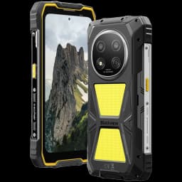 Smartphone rugerizado Blackview Rock 2 Pro amarillo con bordes reforzados, gran módulo de cámara trasera dual, pantalla con bisel amarillo y cuerpo