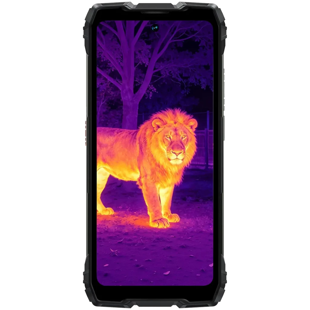 Smartphone robuste Blackview Rock 3 noir, écran affichant vision thermique, triple module photo arrière, finitions métalliques et accents bleus - Ítem1