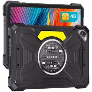 Tablette robuste noire avec coque antichoc, grand écran 10,1 pouces, double SIM 4G, module central circulaire stylé, optique arrière angulaire et finitions