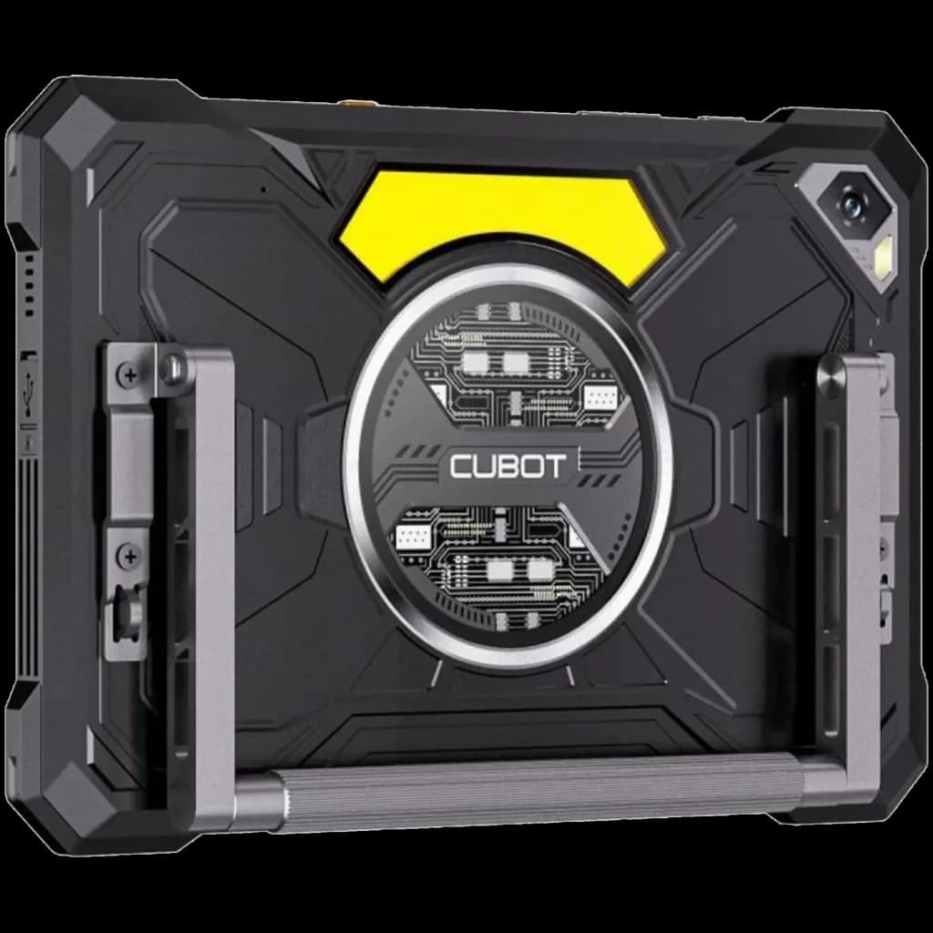 Cubot Tab KingKong S 10.1 negro, diseño robusto con refuerzos metálicos, módulo trasero circular con detalles de circuito y cámara en esquina con marco