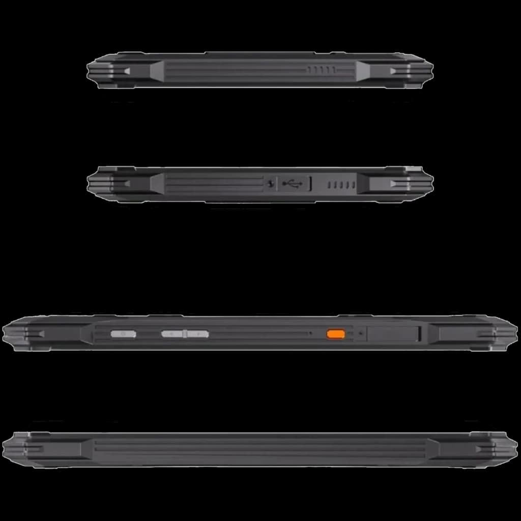 Bordes robustos en negro con textura antideslizante, puertos sellados y botones laterales resaltados en naranja; diseño resistente y grueso del Cubot Tab