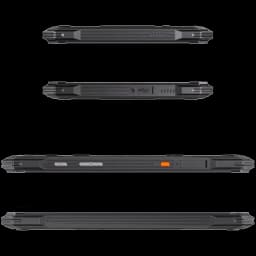 Bordes robustos en negro con textura antideslizante, puertos sellados y botones laterales resaltados en naranja; diseño resistente y grueso del Cubot Tab
