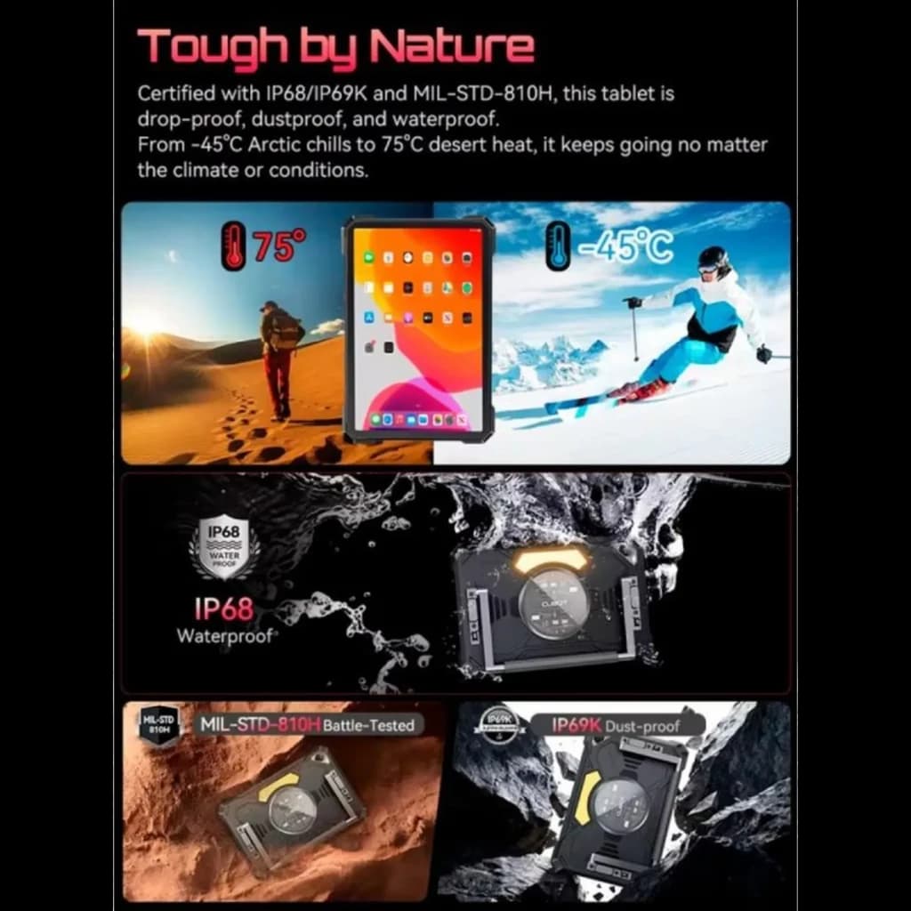 Cubot Tab KingKong S 10.1 pulgadas negra, diseño robusto IP68 IP69K MIL-STD-810H, resistente a polvo, agua y golpes, operativa de -45°C a 75°C