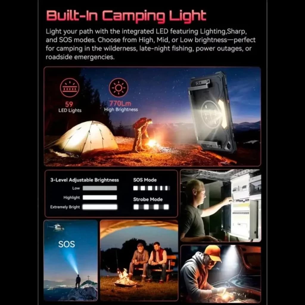 Cubot Tab KingKong S 10.1 pulgadas negra con luz LED integrada para camping, modos SOS y brillo ajustable, ideal para exteriores y emergencias