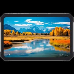 Tablet robusta negra con marco reforzado y pantalla amplia borde a borde mostrando paisaje nítido y colorido; diseño resistente del Cubot Tab KingKong Mini