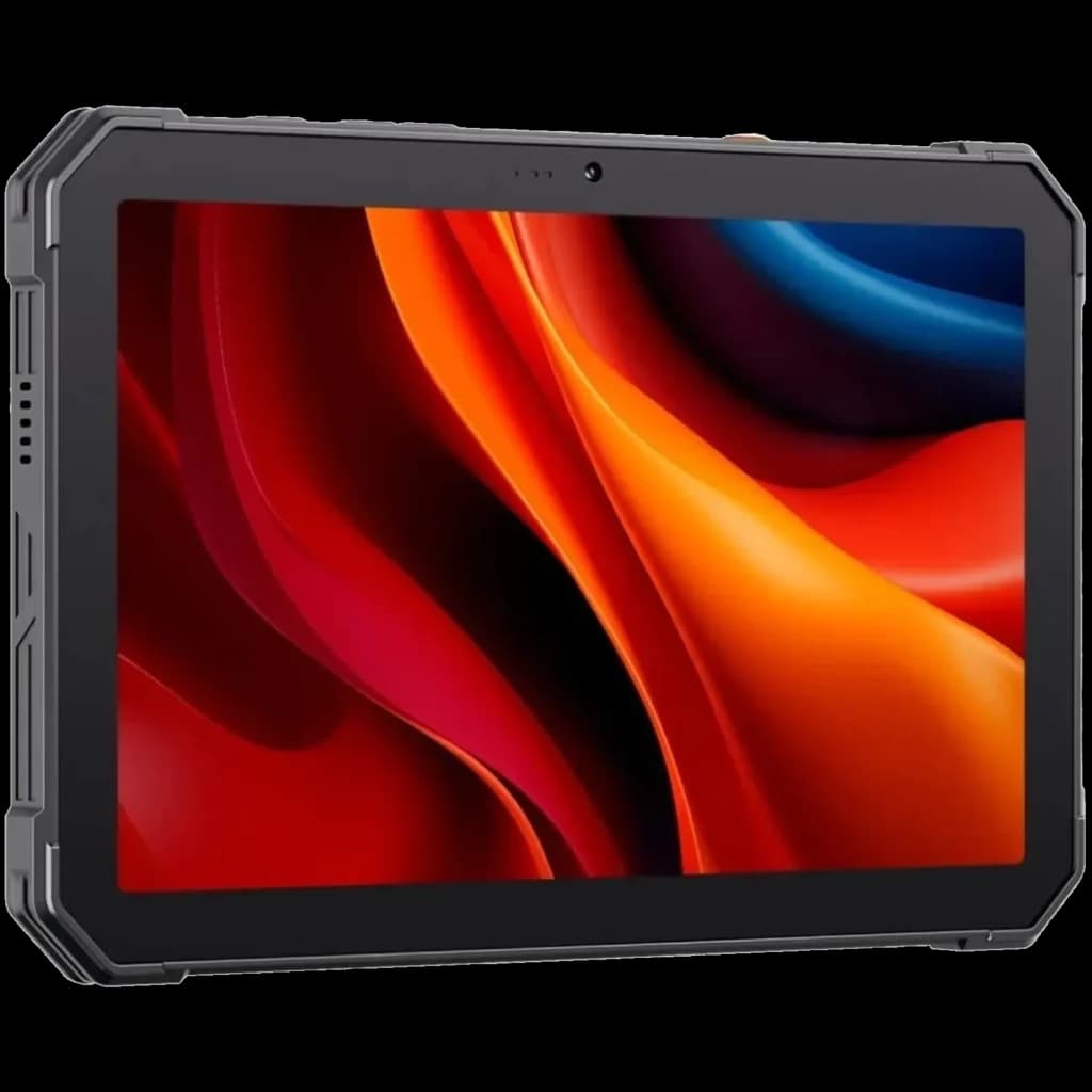 Tablet negra robusta con marco reforzado y pantalla amplia sin bordes curvos, cámara frontal centrada y botones laterales texturizados, diseño resistente y