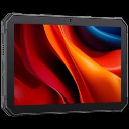Tablet negra robusta con marco reforzado y pantalla amplia sin bordes curvos, cámara frontal centrada y botones laterales texturizados, diseño resistente y