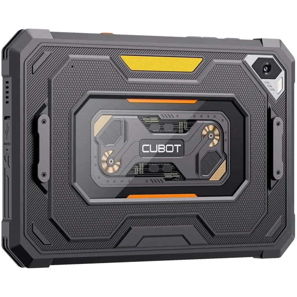 Tablette robuste noire Cubot Tab KingKong Mini 8.68 avec coque antichoc texturée, accents orange, module photo arrière angulaire et logo CUBOT central - Ítem3