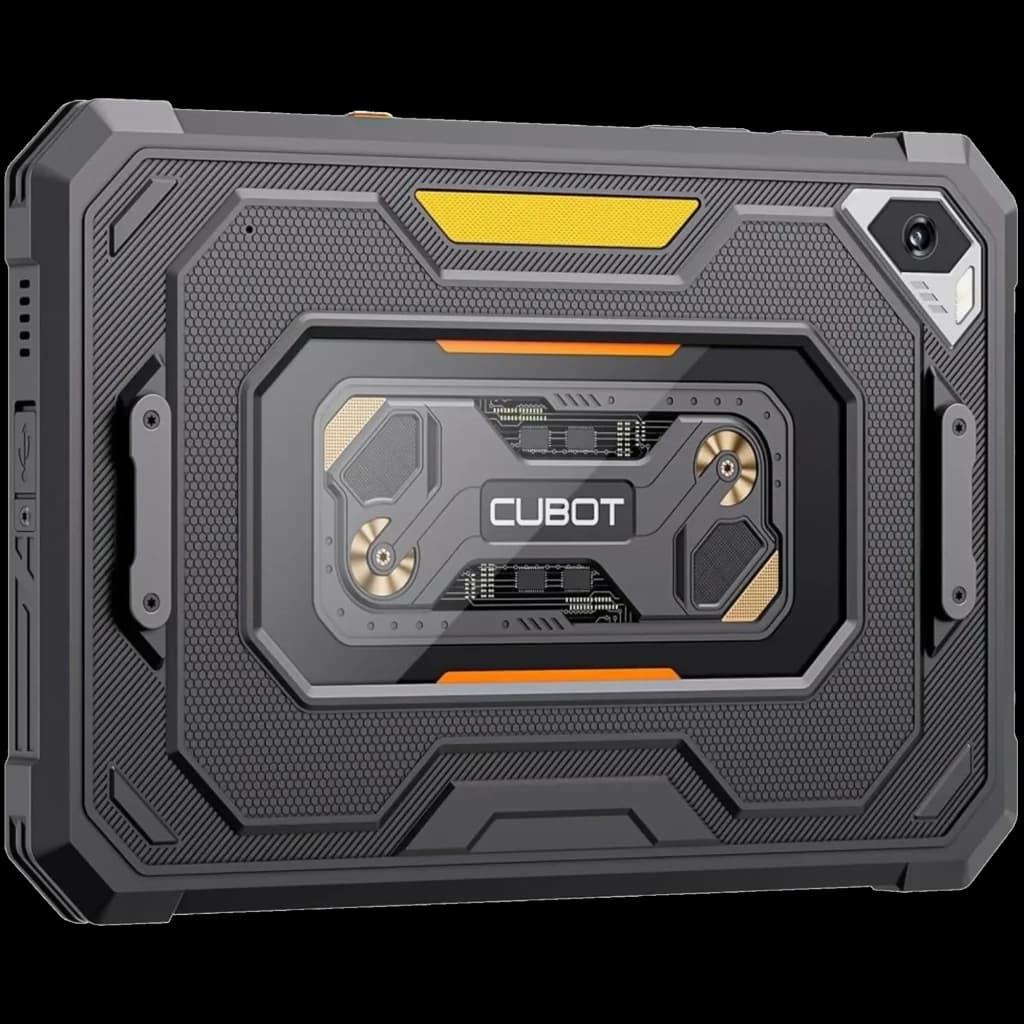 Tablet robusta negra Cubot Tab KingKong Mini con carcasa rugerizada, detalles naranjas y módulo central visible tipo industrial; cámara trasera en esquina