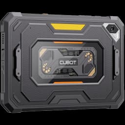 Tablet robusta negra Cubot Tab KingKong Mini con carcasa rugerizada, detalles naranjas y módulo central visible tipo industrial; cámara trasera en esquina