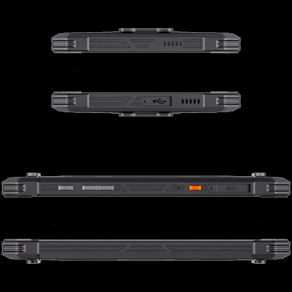 Bordes robustos en negro, cuerpo resistente con esquinas reforzadas, puertos sellados, botones laterales texturizados y deslizador naranja de control