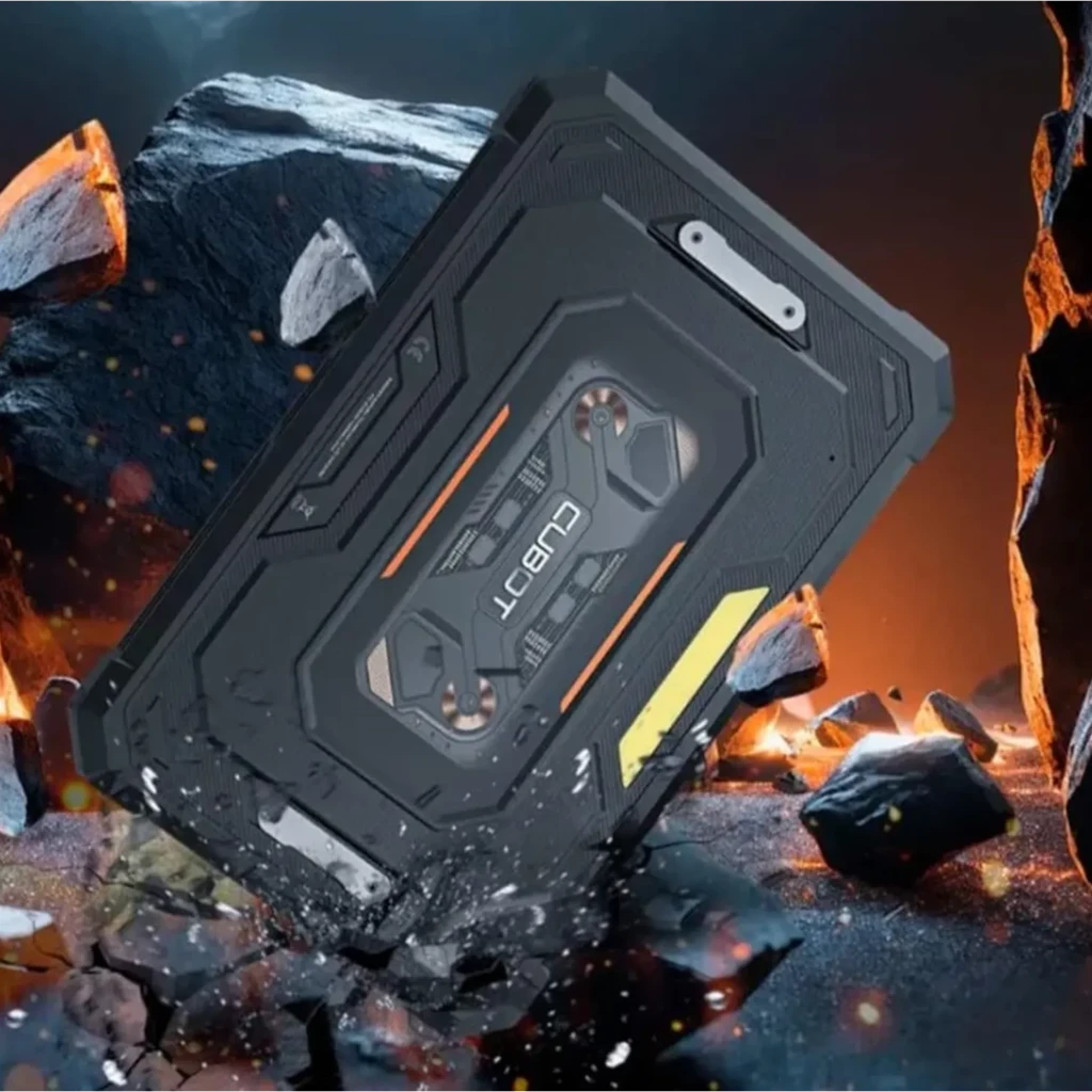 Tablette robuste noire Cubot Tab KingKong Mini 8.68 avec coque antichoc texturée, accents orange, module photo arrière angulaire et logo CUBOT central - Ítem6