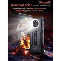 Cubot KingKong ACE 5 negro robusto con doble pantalla, módulo de cámara circular trasero con cuatro lentes y detalles naranjas; diseño resistente y moderno