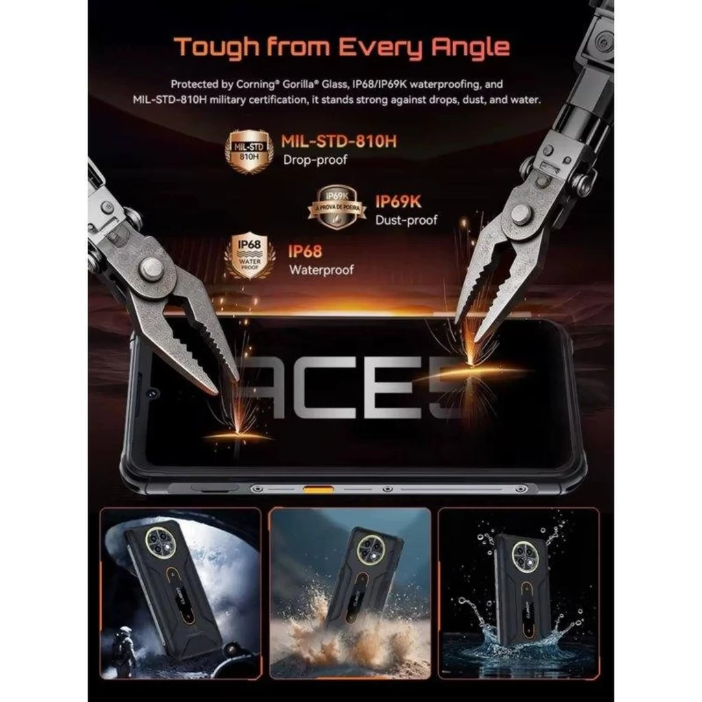 Cubot KingKong ACE 5 noir robuste avec double écran, cadre renforcé, accents orange, module photo circulaire quadruple LED et écran avant bord fin - Ítem4