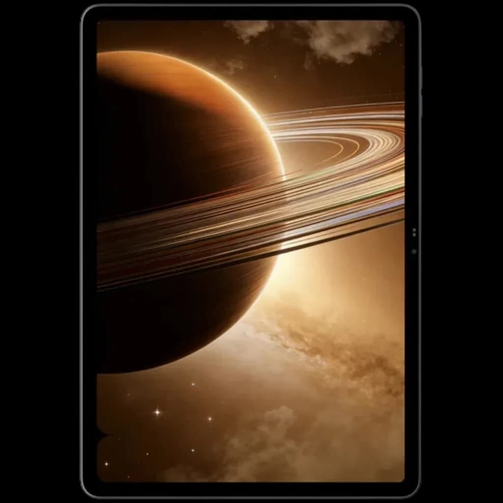 Blackview Mega 12 5G 256GB Gris con pantalla 12.2 2.4K casi sin bordes, cuerpo delgado en gris y frontal con arte espacial de planeta con anillos