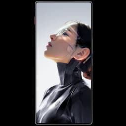 Tela do Nubia Redmagic 11 Air 5G exibindo arte futurista: mulher em traje preto brilhante, perfil iluminado, linhas limpas e bordas finas do display