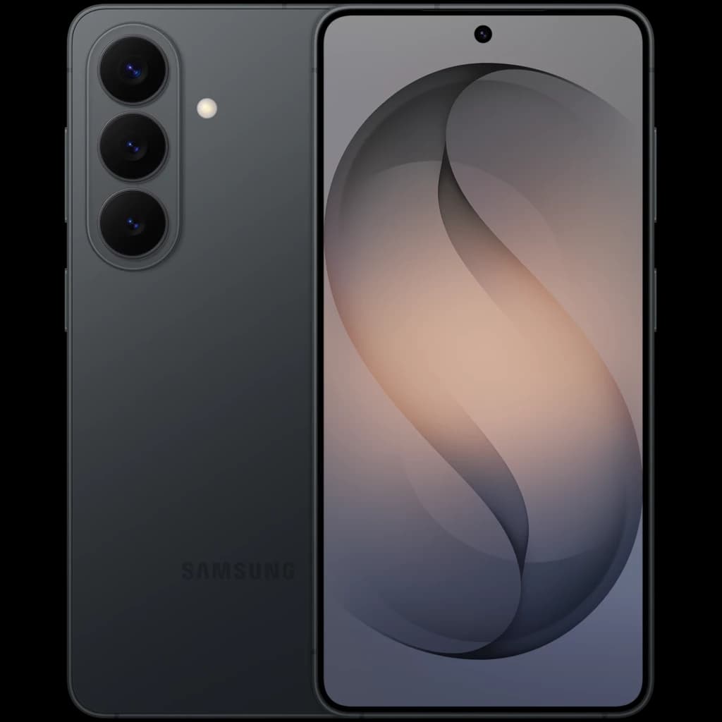 Samsung Galaxy S26 5G preto com três câmeras traseiras alinhadas, tela plana de 6,3 polegadas com furo central e bordas finas, acabamento fosco elegante