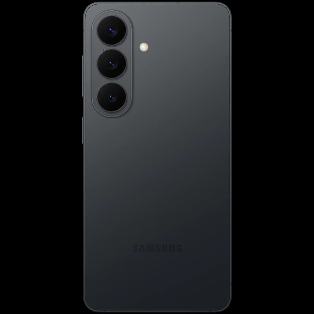 Samsung Galaxy S26 5G preto com traseira fosca, três câmaras verticais salientes, flash LED e logotipo discreto; design elegante e minimalista