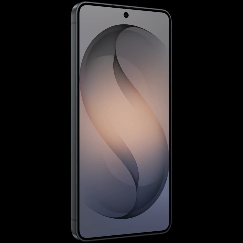 Samsung Galaxy S26 5G preto com ecrã 6,3 quase sem bordas, câmara frontal central em furo e laterais retas em metal; design fino e moderno