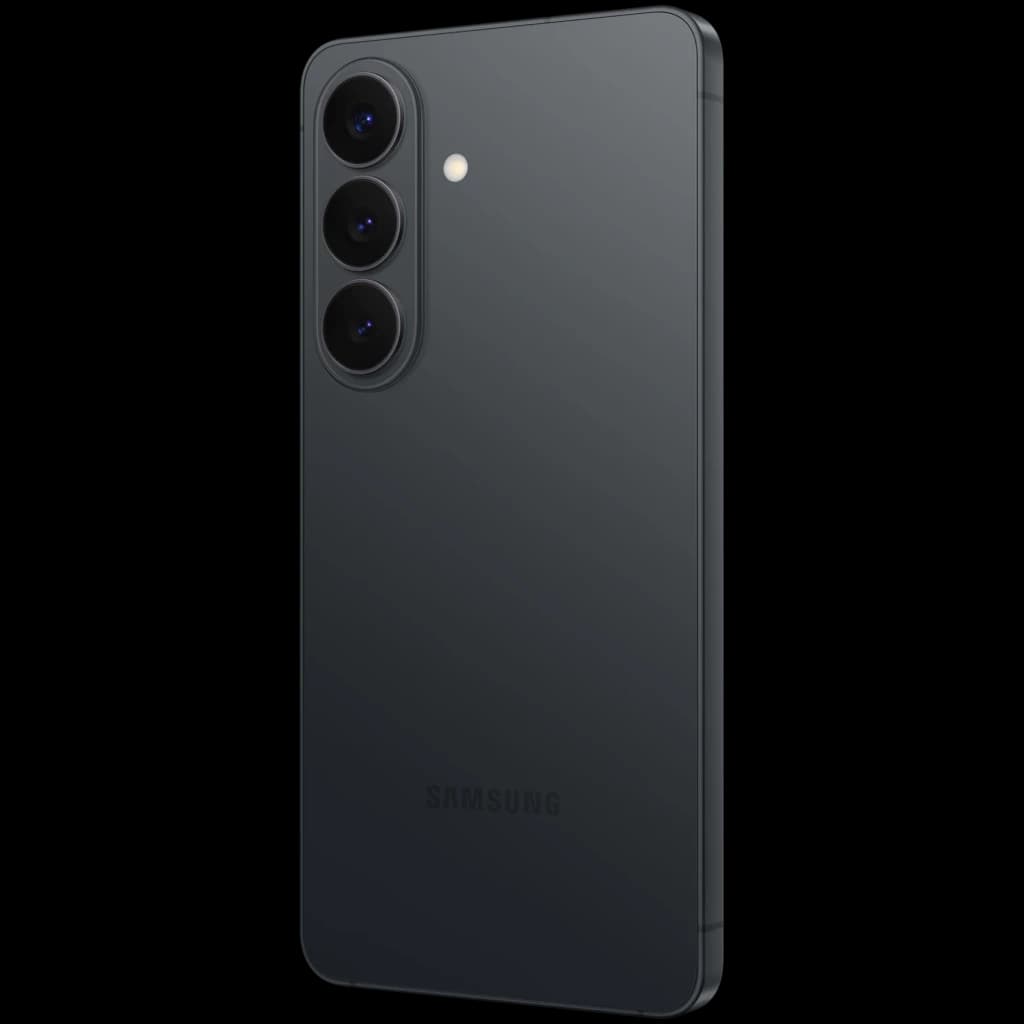 Samsung Galaxy S26 5G preto com traseira fosca, três câmeras verticais e flash, bordas finas e design elegante minimalista