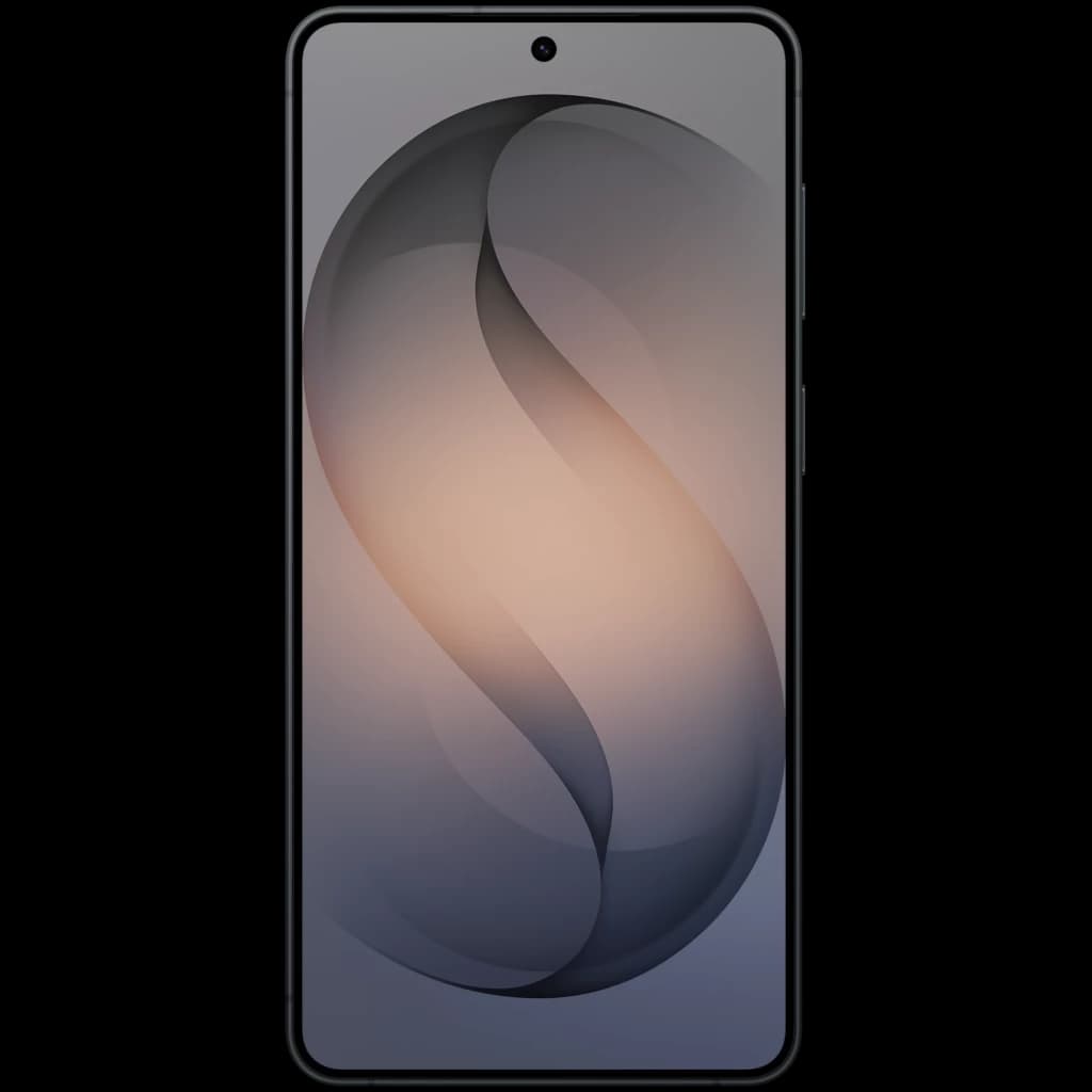 Pantalla del Samsung Galaxy S26+ 5G negra, borde delgado, cámara frontal en orificio central, panel AMOLED con fondo degradado en tonos gris y beige