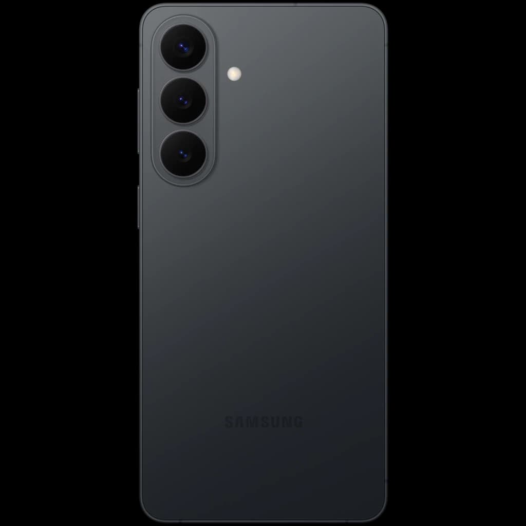 Parte trasera del Samsung Galaxy S26+ 5G negro con triple cámara vertical y acabado mate elegante; módulo alineado a la izquierda y logo Samsung sutil