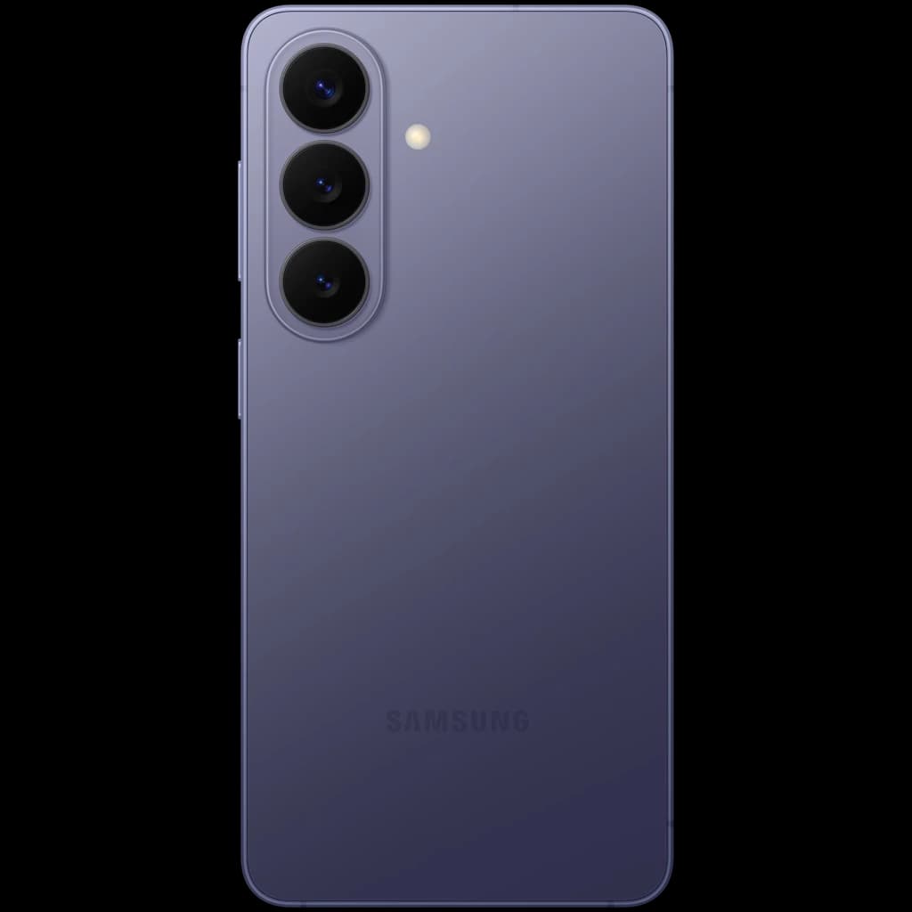 Traseira violeta com acabamento fosco, três câmeras verticais salientes e flash LED discreto; bordas suaves e logo Samsung sutil