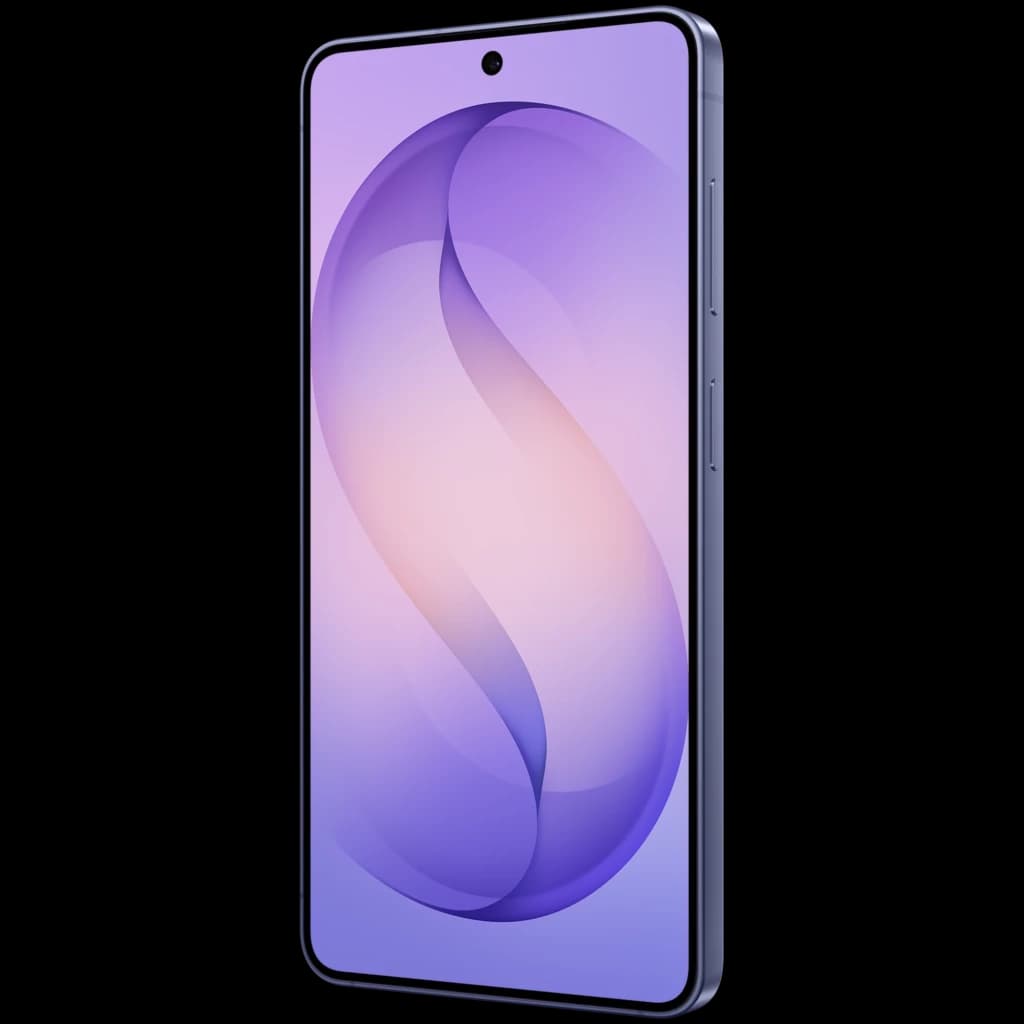 Samsung Galaxy S26 5G violeta com tela infinita de bordas finas, câmera frontal em furo central, laterais metálicas e botão de volume à direita