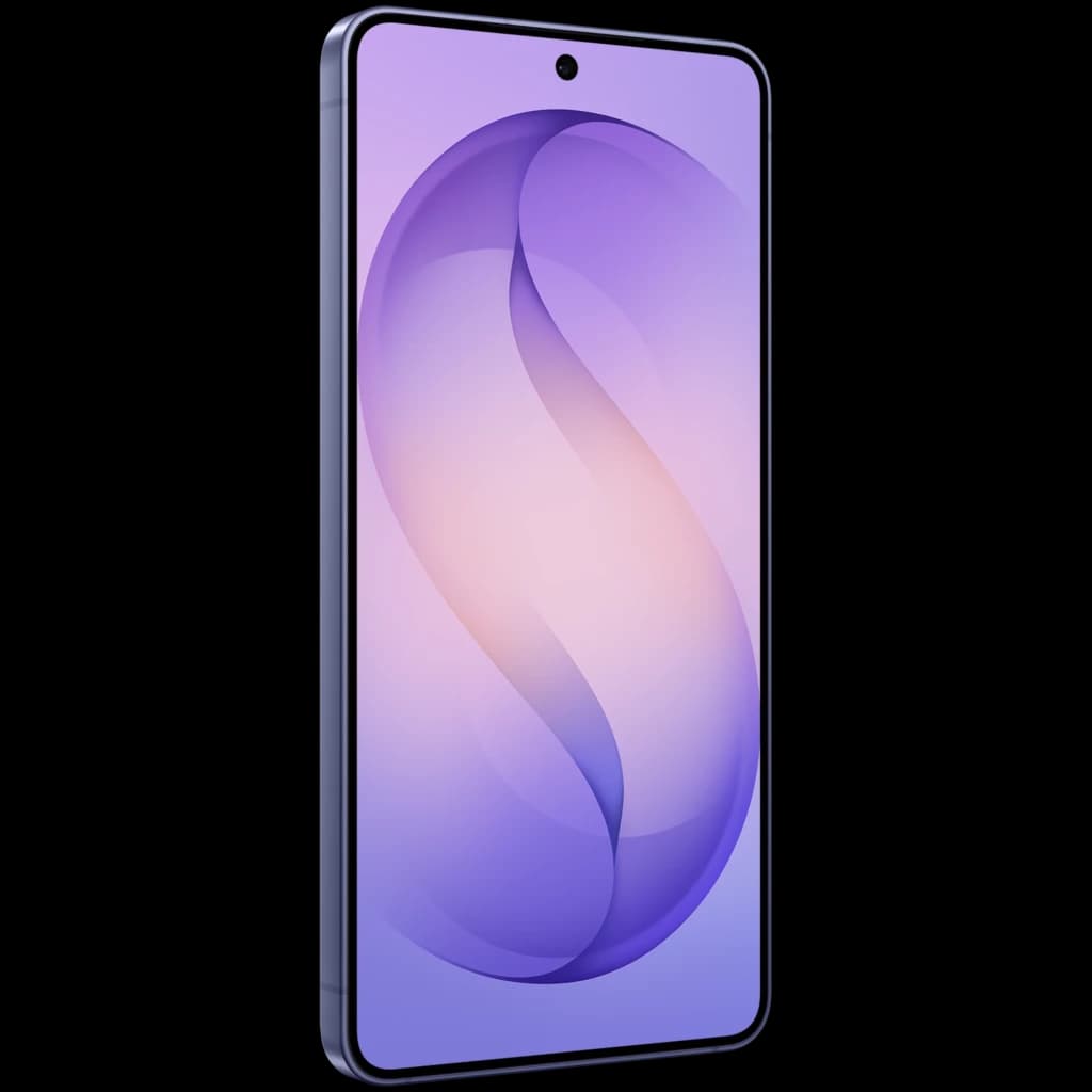 Smartphone violeta com tela ampla quase sem bordas, furo central para câmera frontal e laterais finas em alumínio; design elegante do Samsung Galaxy S26 5G