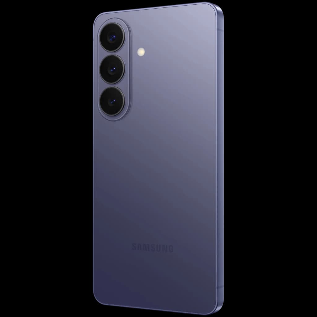 Traseira violeta do Samsung Galaxy S26 5G com três câmeras verticais salientes, flash ao lado e acabamento fosco elegante