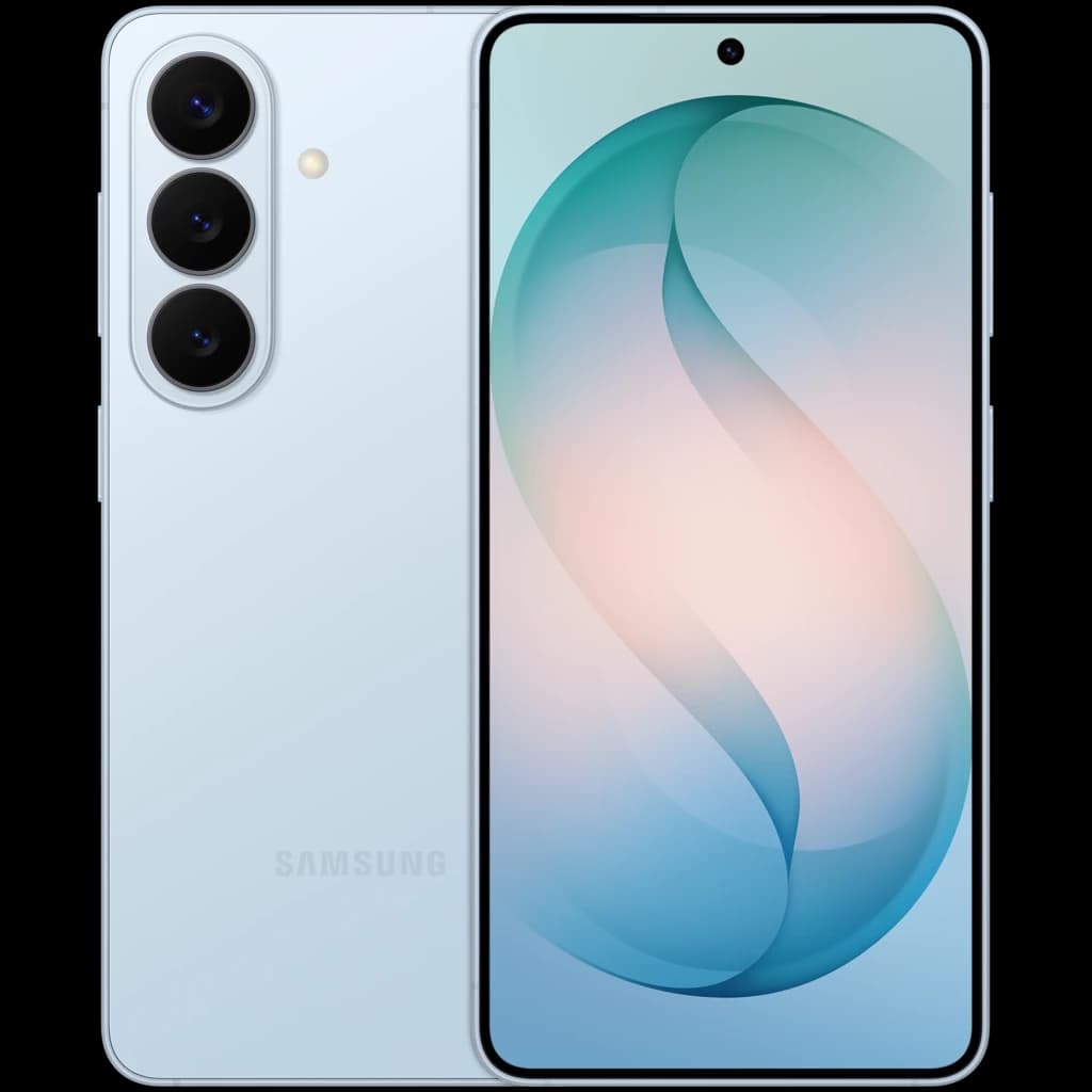 Samsung Galaxy S26 5G azul celeste com tela inteira perfurada, moldura fina, três câmeras traseiras alinhadas e acabamento fosco elegante