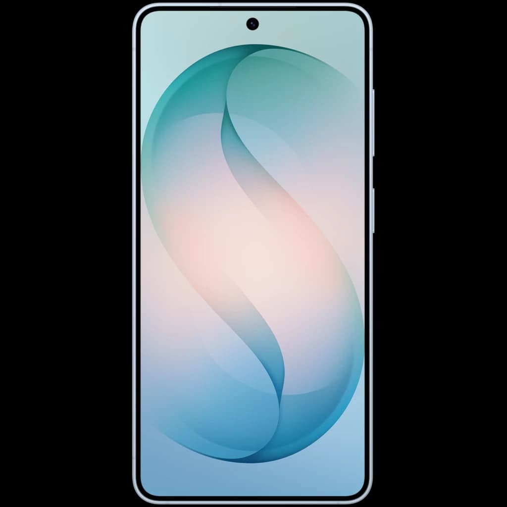 Samsung Galaxy S26 5G azul celeste com tela sem bordas e furo central para câmera frontal, design fino e elegante, brilho suave em tons azuis e rosados