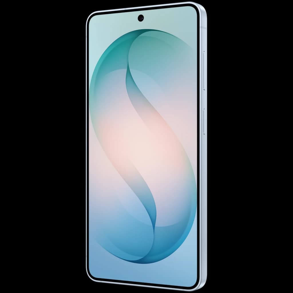 Samsung Galaxy S26 5G azul celeste com tela ampla perfurada centralmente, bordas retas prateadas, botões laterais e design fino e elegante