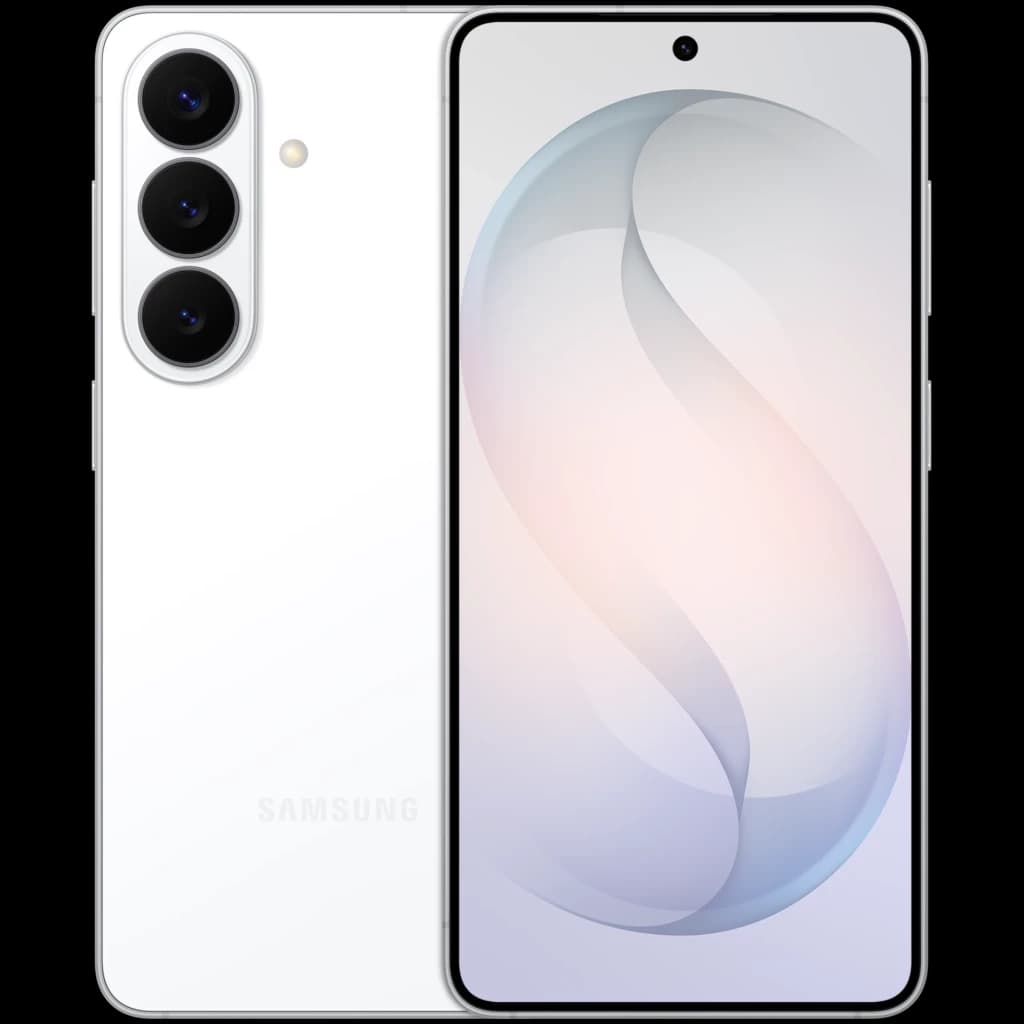 Samsung Galaxy S26 5G branco com três câmeras traseiras alinhadas, tela Dynamic AMOLED de bordas finas, furo central para câmera frontal e acabamento premium