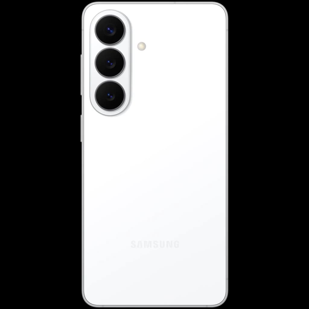 Traseira branca minimalista do Samsung Galaxy S26 5G com três câmaras verticais e moldura metálica fina; acabamento brilhante e design elegante