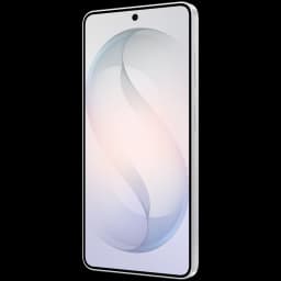 Samsung Galaxy S26 5G blanco con pantalla Dynamic AMOLED casi sin bordes, cámara frontal en orificio centrado y marco lateral metálico elegante