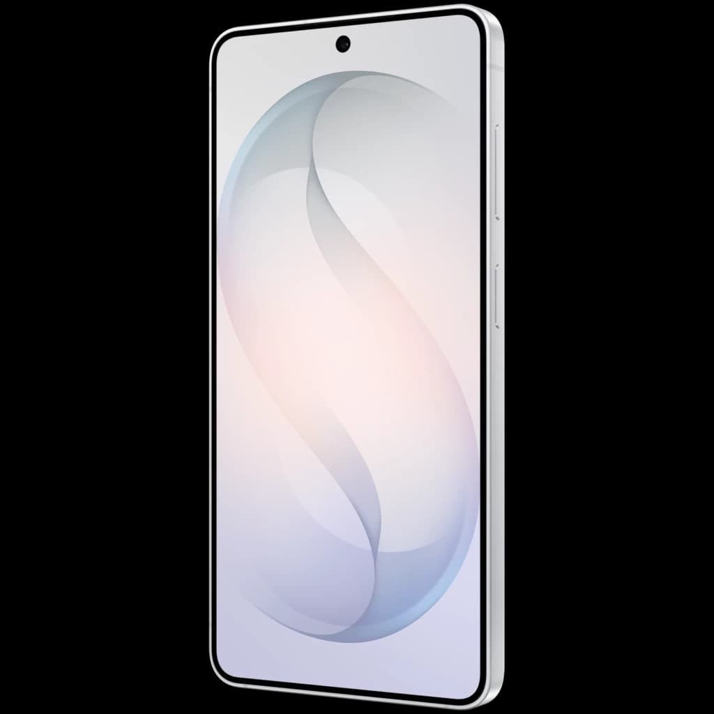Smartphone branco com ecrã Dynamic AMOLED quase sem bordas, câmara frontal central em furo, laterais metálicas com botões, design fino e premium