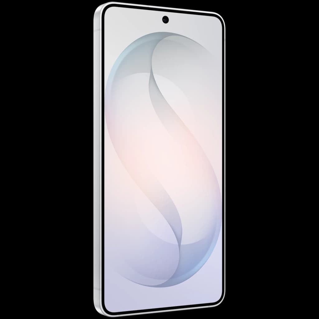 Samsung Galaxy S26 5G branco com ecrã Dynamic AMOLED de bordas finas, furo central para câmara frontal e laterais metálicas prateadas elegantes