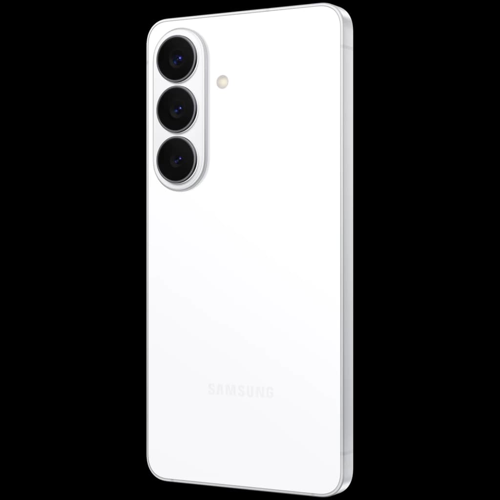 Samsung Galaxy S26 5G blanco con triple cámara vertical, acabado brillante y bordes rectos; módulo de lentes negro y flash discreto en la trasera