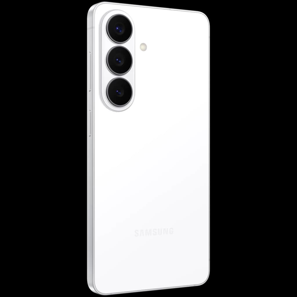 Samsung Galaxy S26 5G blanco con triple cámara trasera alineada verticalmente, acabado brillante y bordes planos de aluminio; diseño elegante y minimalista